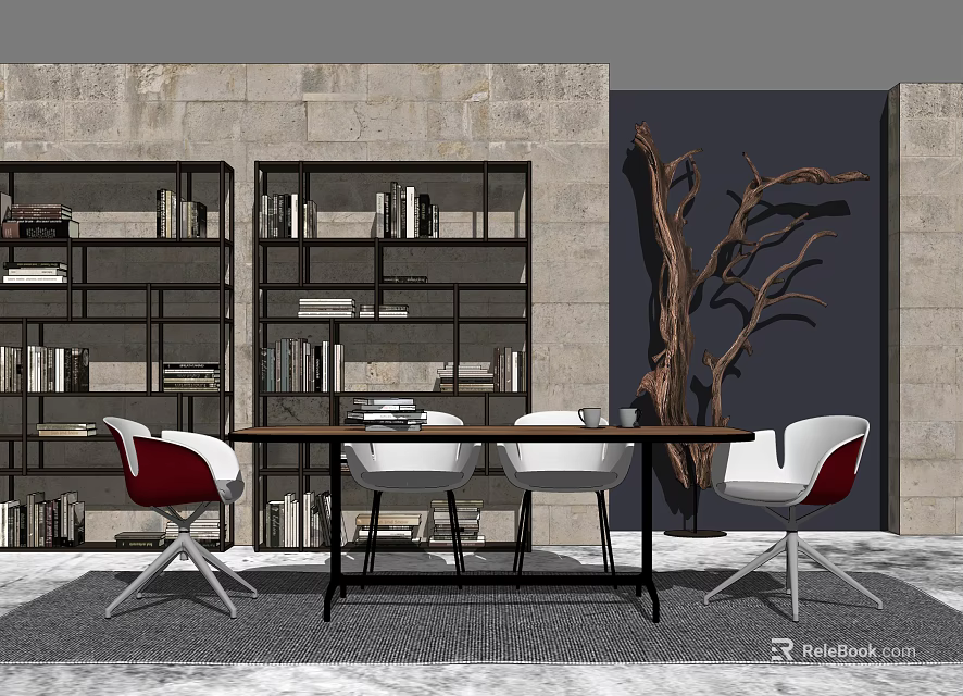 Modern Dining Table Set With White Red Chairs Black Table Bookshelves Stone Wall Decorative Branch 3d model 