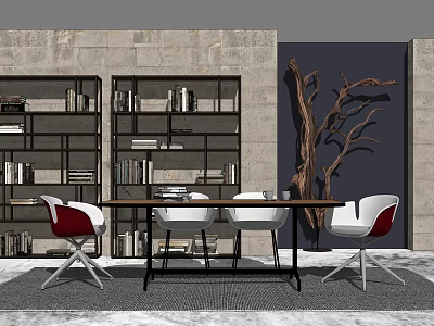 Modern Dining Table Set With White Red Chairs Black Table Bookshelves Stone Wall Decorative Branch 3d model