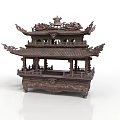 Traditional Chinese Wooden Architectural Pavilion With Multi tiered Structure Carved Decorations Flying Eaves And Bell