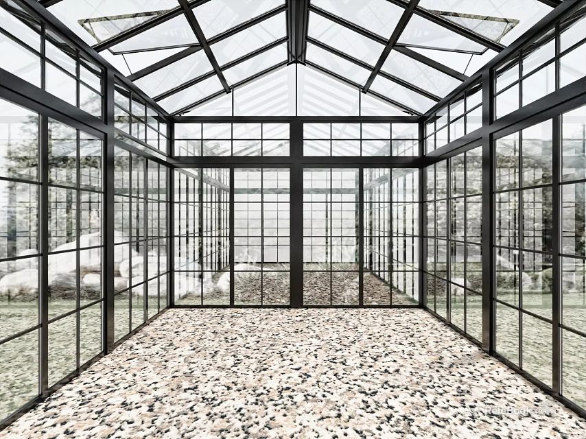 Spacious Glass Greenhouse Interior Featuring Transparent Roof Black Frames And Pebble Floor 3d model 