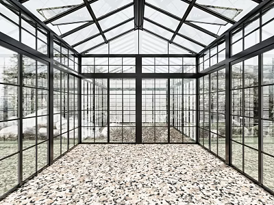 Spacious Glass Greenhouse Interior Featuring Transparent Roof Black Frames And Pebble Floor 3d model