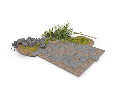 Modern Outdoor Stone Path With Rocks Green Plants And Mossy Ground 3d model
