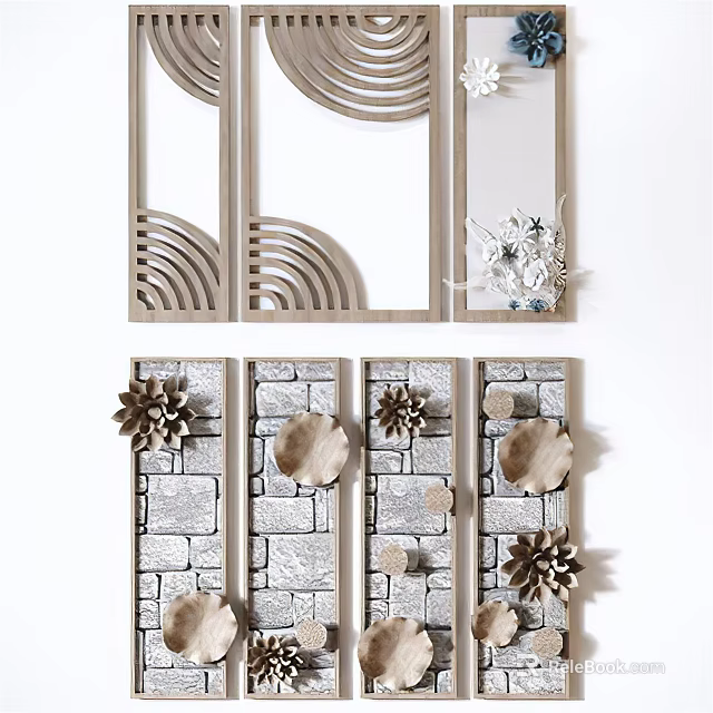 Modern Creative Wall Decor With Wooden Frames Geometric Patterns Stone Texture And Floral Accents 3d model