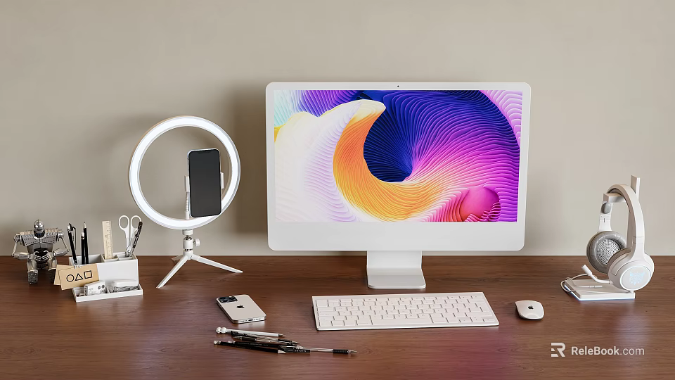 Modern Desktop Workspace With Computer Monitor Keyboard Mouse And Phone Ring Light Stand 3d model 