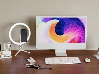 Modern Desktop Workspace With Computer Monitor Keyboard Mouse And Phone Ring Light Stand 3d model
