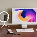 Modern Desktop Workspace With Computer Monitor Keyboard Mouse And Phone Ring Light Stand