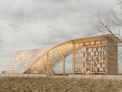 Modern Garden Landscape With Wooden Structure Transparent Curved Roof And Grassland Trees 3d model