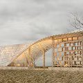 Modern Garden Landscape With Wooden Structure Transparent Curved Roof And Grassland Trees