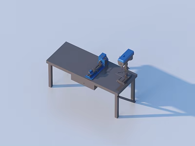 Modern Blue Industrial Equipment Installed on Gray Workbench with Mechanical Components 3d model