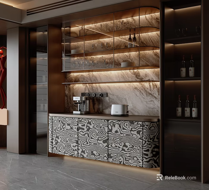 Modern Sideboard with Black White Patterned Doors Marble Wall LED Lighting Wine Glasses and Coffee Machine 3d model 