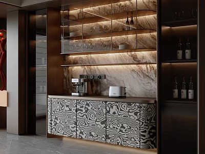 Modern Sideboard with Black White Patterned Doors Marble Wall LED Lighting Wine Glasses and Coffee Machine 3d model