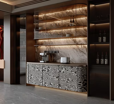 Modern Sideboard with Black White Patterned Doors Marble Wall LED Lighting Wine Glasses and Coffee Machine 3d model