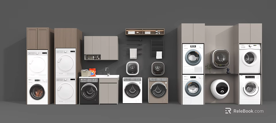 Modern Washing Machine Collection In Laundry Room With Cabinets And Sink Setup 3d model 