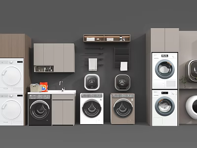 Modern Washing Machine Collection In Laundry Room With Cabinets And Sink Setup 3d model