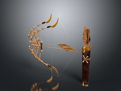 Ornate Golden Bow Weapon With Feathered Arrows And Decorative Arrow Quiver 3d model