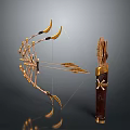 Ornate Golden Bow Weapon With Feathered Arrows And Decorative Arrow Quiver