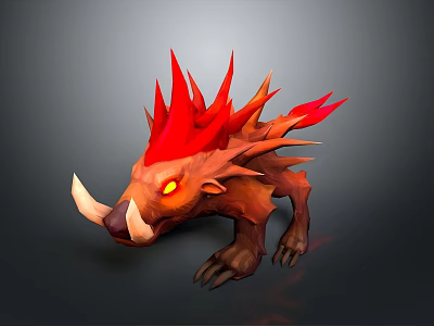 3D Monster Character Model With Red Spiky Mane Yellow Glowing Eyes And White Tusks 3d model