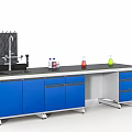 Laboratory Lab Bench With Blue Cabinets Black Countertop Faucet Reagent Bottles And Erlenmeyer Flasks