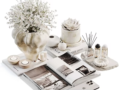 Elegant Decorative Ornament Set With White Bouquet Succulent Plant Aromatherapy Candles And Open Magazine 3d model