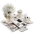 Elegant Decorative Ornament Set With White Bouquet Succulent Plant Aromatherapy Candles And Open Magazine