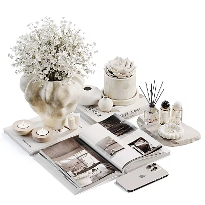 Elegant Decorative Ornament Set With White Bouquet Succulent Plant Aromatherapy Candles And Open Magazine 3d model