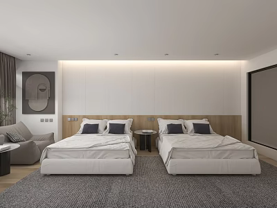Bright Modern Hotel Room Interior With Twin Beds Wooden Headboard Sofa And Carpet 3d model
