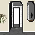 Modern Interior With Oval Striped Partition Arch Door Beige Wall And Green Plant