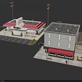 Miniature Urban Building Models With Burger Restaurant Red Roof And Red Awning Multi Story Storefront