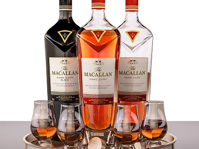 Premium Macallan Whiskey Bottles And Crystal Glasses On Silver Serving Tray 3d model