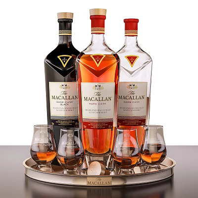 Premium Macallan Whiskey Bottles And Crystal Glasses On Silver Serving Tray 3d model