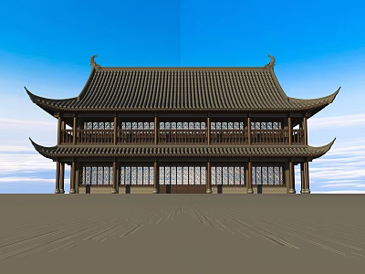 Ancient Chinese Architecture Traditional Wooden Structure With Curved Eaves Tile Roof And Ornate Windows 3d model