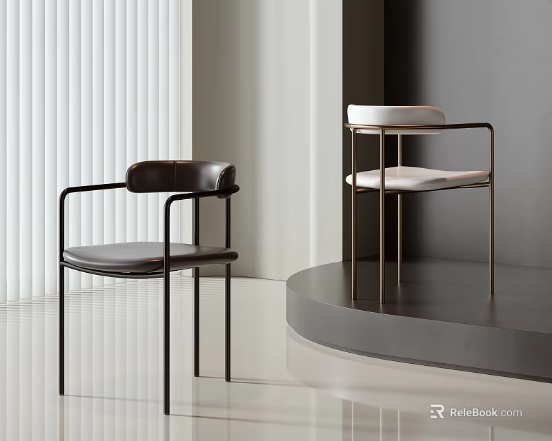 Modern Dining Chairs With Dark Leather And Light Seats On Metal Frames In Minimalist Interior 3d model 