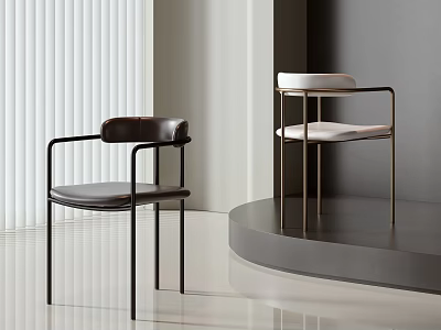 Modern Dining Chairs With Dark Leather And Light Seats On Metal Frames In Minimalist Interior 3d model