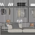 Modern Walk in Closet Interior With Glass Door Cabinets Hanging Clothes And Seating Bench