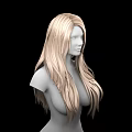 Game Film Female Character with Long Blond Curly Hair Reaching Chest on Black Background