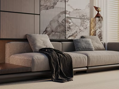 Modern Gray Linen Three-Seater Sofa With Pillows Black Throw Blanket And Wall Art 3d model