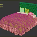 Stylish Bed Furniture With Green Tufted Headboard Yellow Comforter Pink Ruffled Skirt And Checkered Pillows