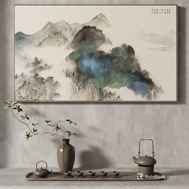 Chinese Landscape Painting Wall Art With Vase Green Plant And Teapot Decor 3d model 