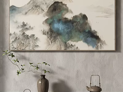 Chinese Landscape Painting Wall Art With Vase Green Plant And Teapot Decor 3d model