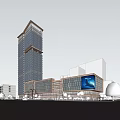 Modern Office Building With Glass Facade In Urban Area Featuring Pedestrians And Vehicles