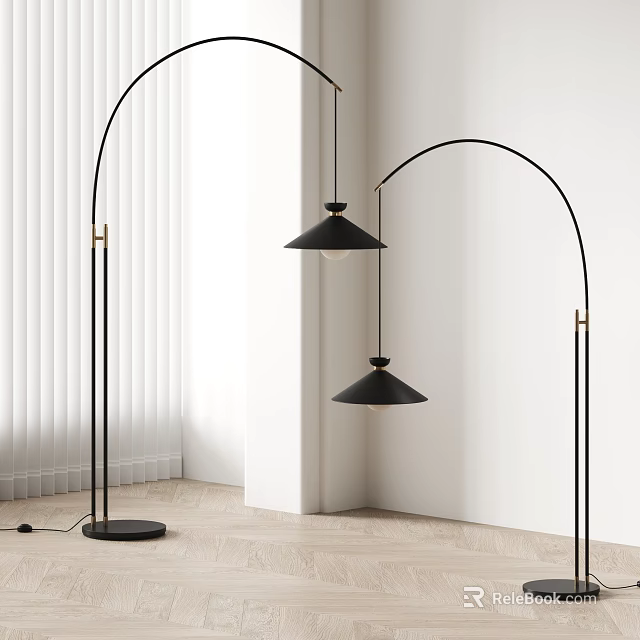 Black Arc Floor Lamps In Minimalist Room With Wooden Flooring 3d model 