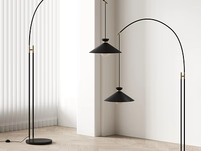 Black Arc Floor Lamps In Minimalist Room With Wooden Flooring 3d model