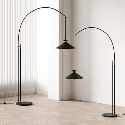 Black Arc Floor Lamps In Minimalist Room With Wooden Flooring 3d model