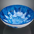 Intricate Sculpted Carving On Blue And White Bowl With Traditional Architecture Design