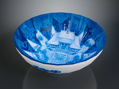 Intricate Sculpted Carving On Blue And White Bowl With Traditional Architecture Design 3d model
