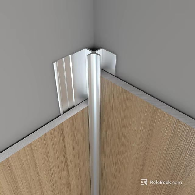 Stainless Steel Corner Trim Installed At Wall Corner With Wood Grain Panels 3d model 