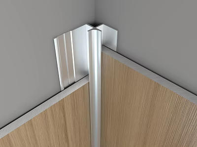 Stainless Steel Corner Trim Installed At Wall Corner With Wood Grain Panels 3d model