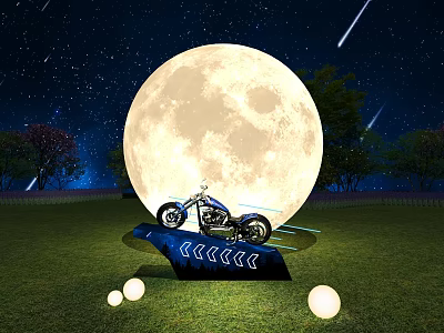 Giant Full Moon Illuminates Motorcycle On Grass Field With Starry Sky And Glowing Orbs 3d model