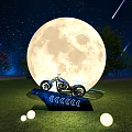 Giant Full Moon Illuminates Motorcycle On Grass Field With Starry Sky And Glowing Orbs