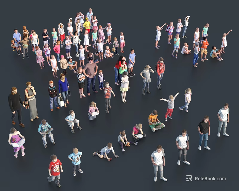 Group of People in Diverse Poses Standing Sitting With Different Clothing Ages And Genders 3d model 